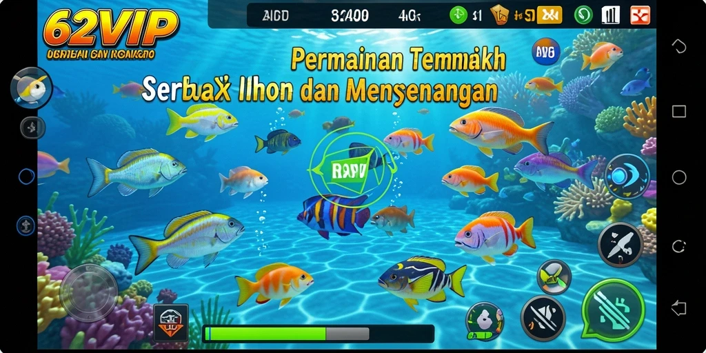 Screenshot utama 62VIP menampilkan aksi seru dalam menembak ikan.