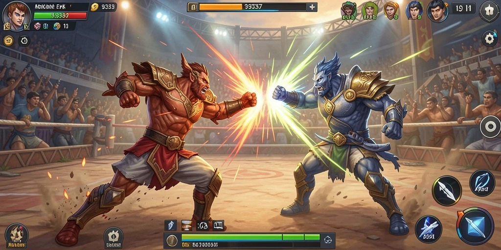 Screenshot utama 93337 menampilkan aksi pertarungan seru di arena.