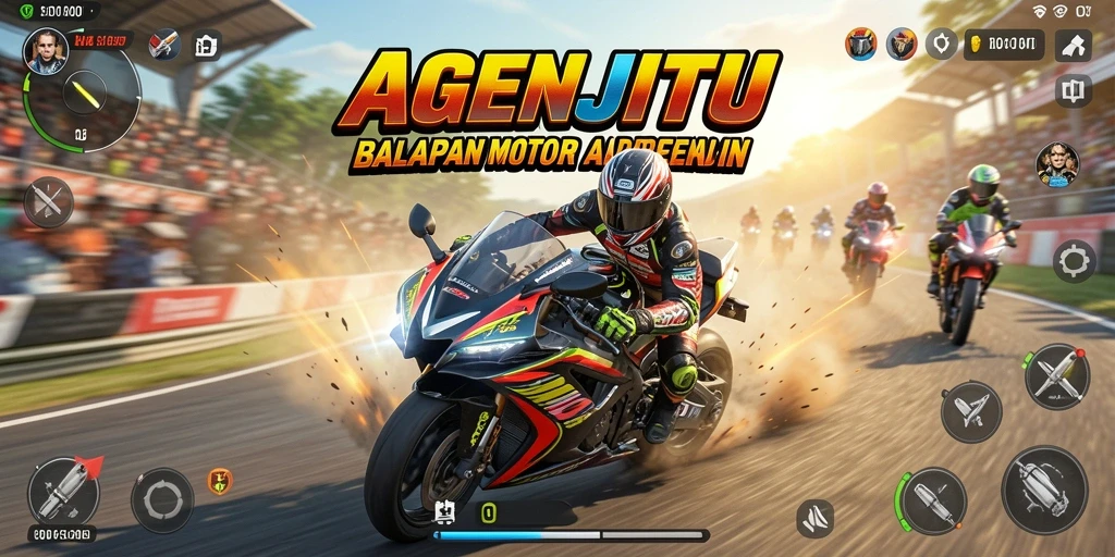 Tangkapan layar utama AGENJITU menampilkan balapan motor yang intens dan seru.