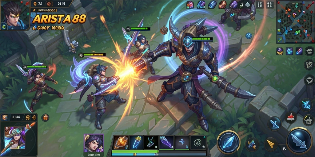 Screenshot gameplay ARISTA88 menampilkan aksi epik dalam pertarungan MOBA.
