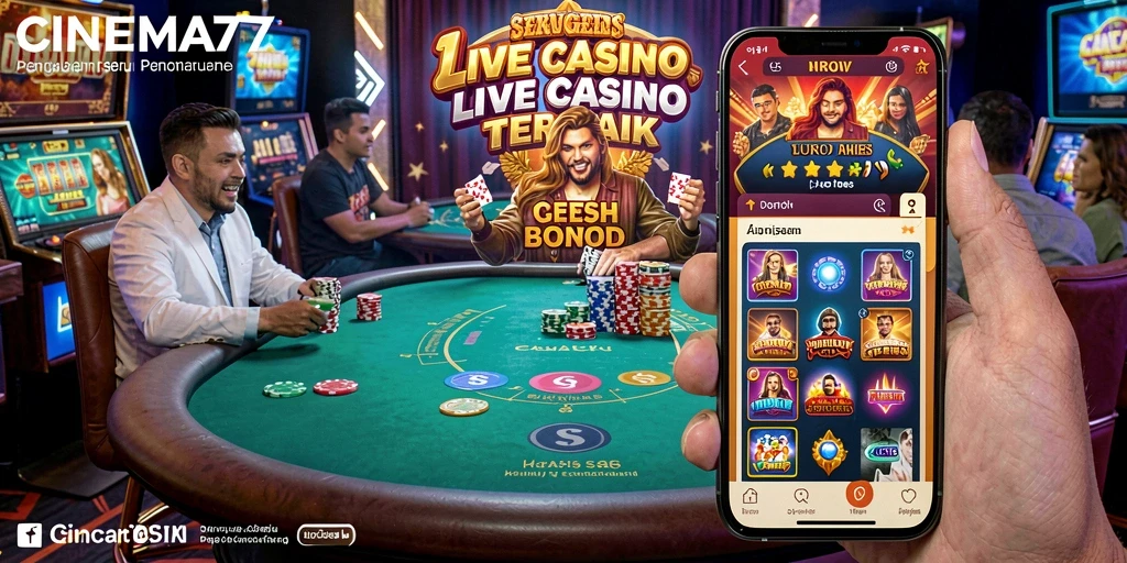 Screenshot permainan CINEMA77 menampilkan dealer profesional dan suasana kasino yang hidup.