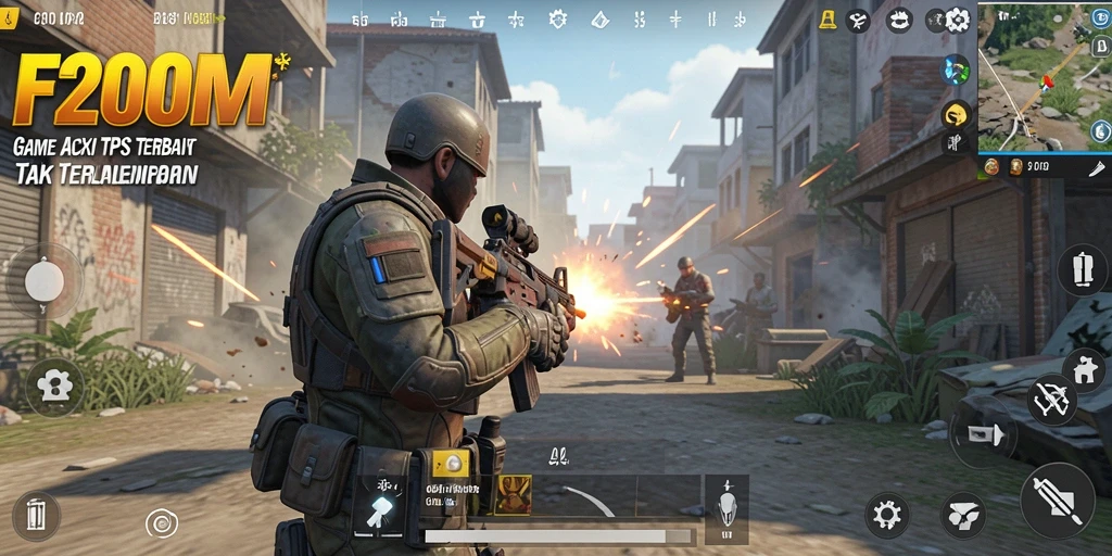 Tampilan aksi seru dalam gameplay F200M dengan karakter yang bertarung di medan perang.