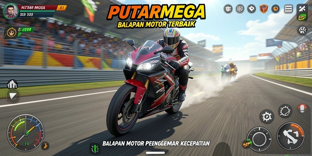 Gameplay PUTARMEGA yang mendebarkan dan penuh aksi balapan motor.