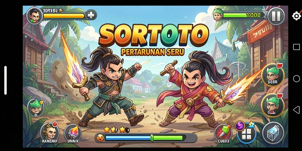 Screenshot SORTOTO menampilkan pertarungan epik antar karakter yang penuh aksi.