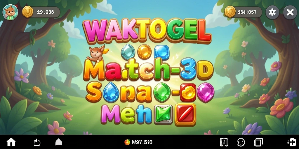 Gameplay seru WAKTOGEL dengan ikon match-3 berwarna-warni.